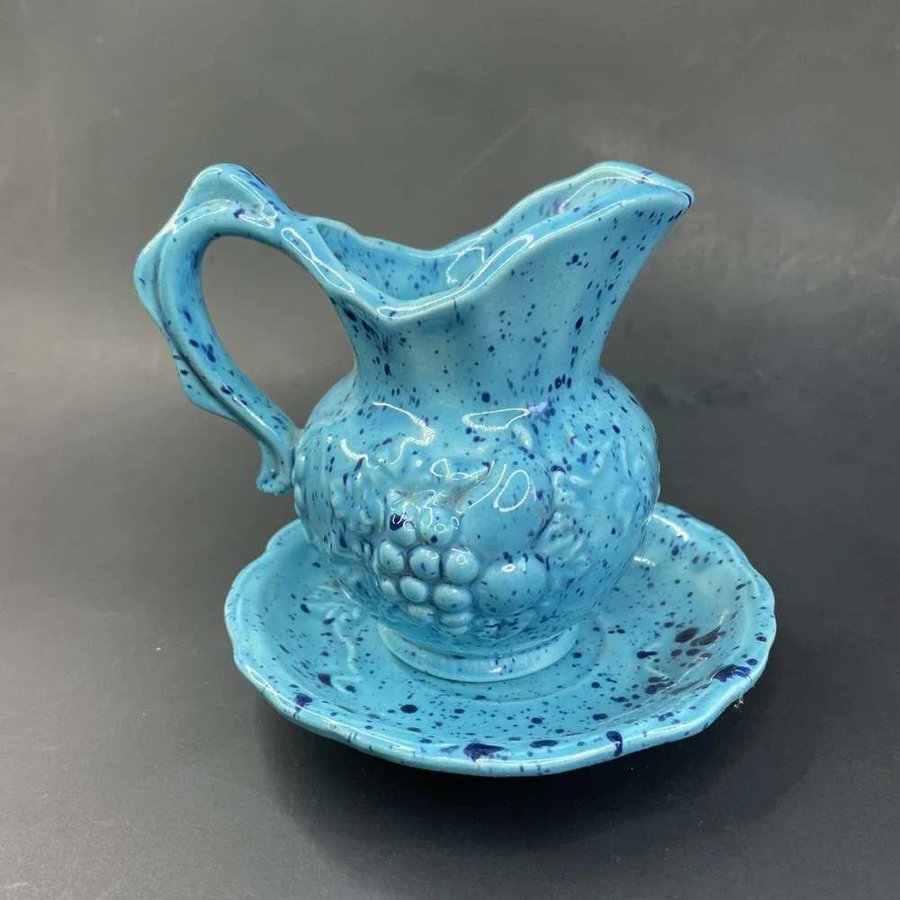 Vtg Blue Speckled Small Pitcher‎ and Bowl Set Grapes Fruit Marked DJ 3-1-73
